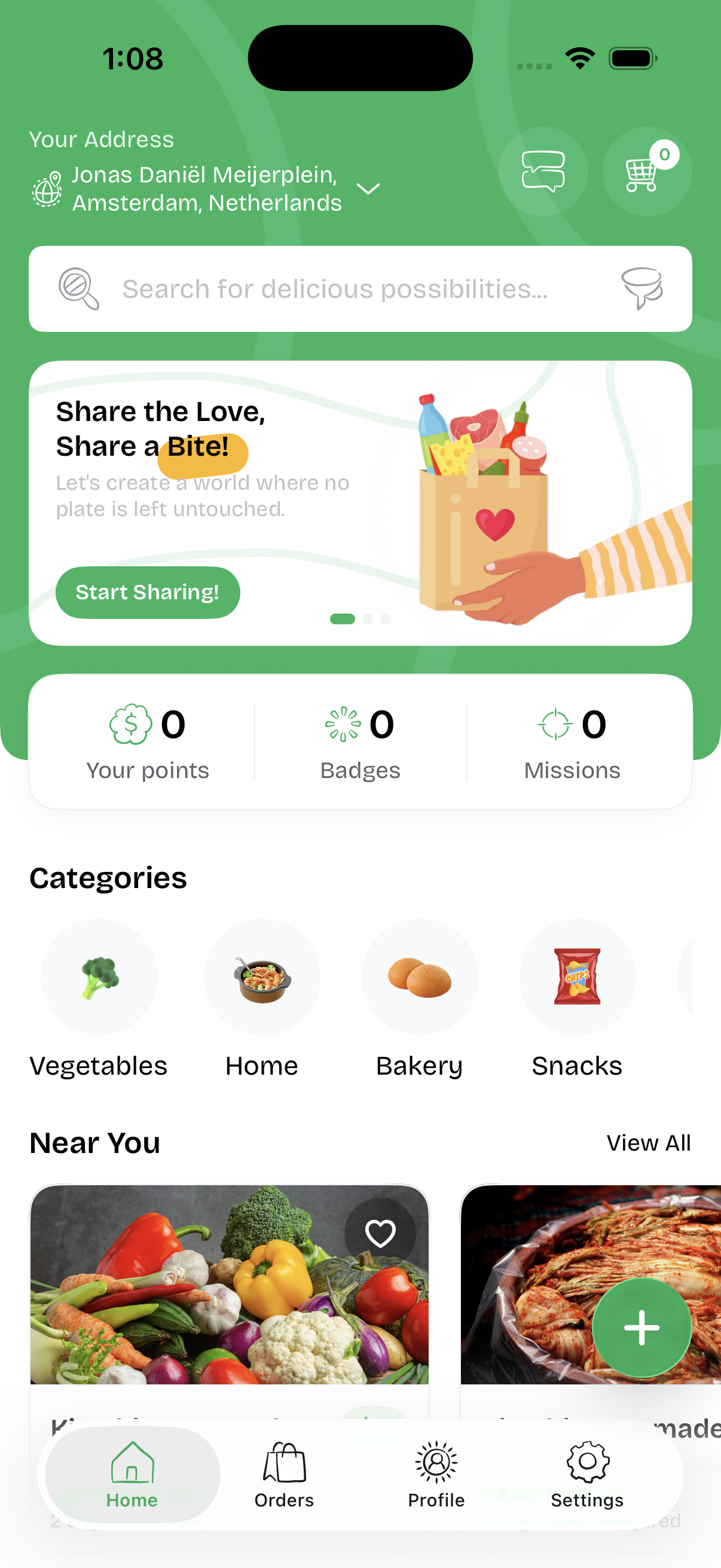 Foosh app-startscherm met gedeeld eten in Amsterdam