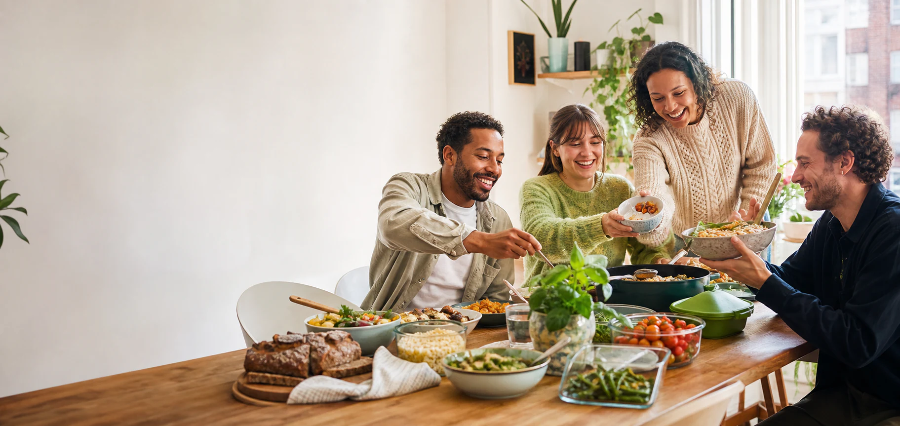 Buren delen samen overgebleven eten rond een tafel